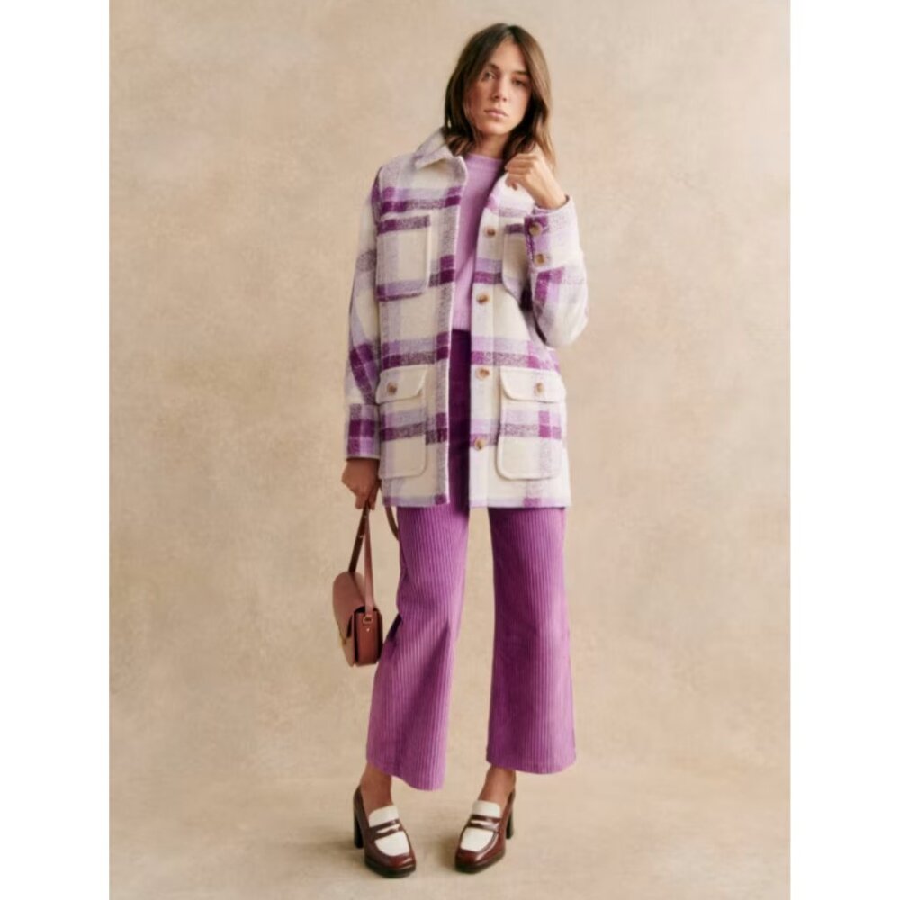 Sézane Paolo Coat in Purple & Cream Plaid
